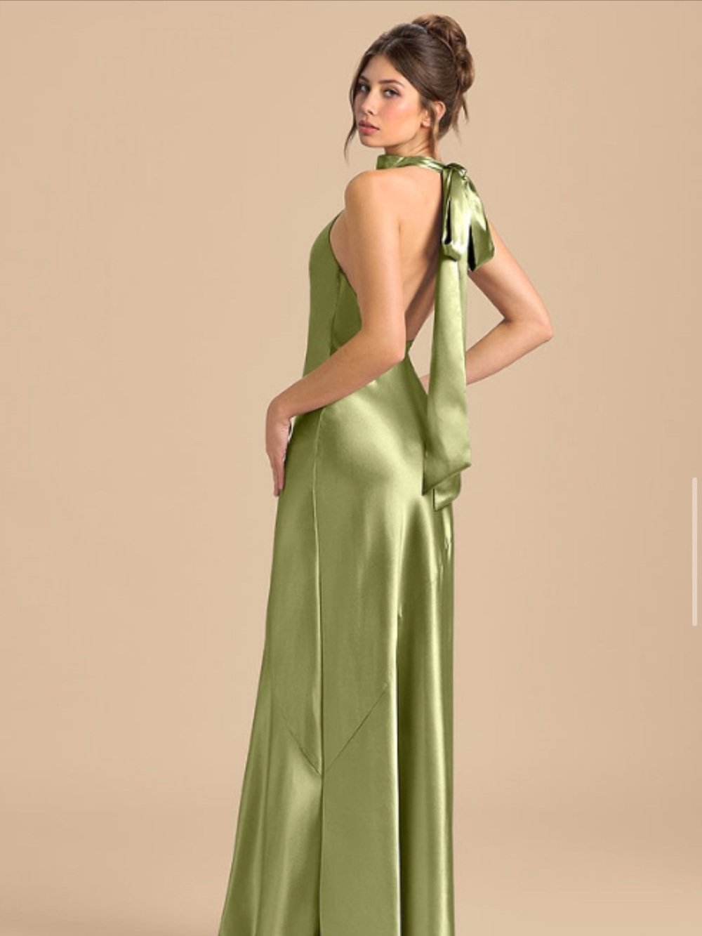Azazie Olive Green Satin Backless Halter Gown